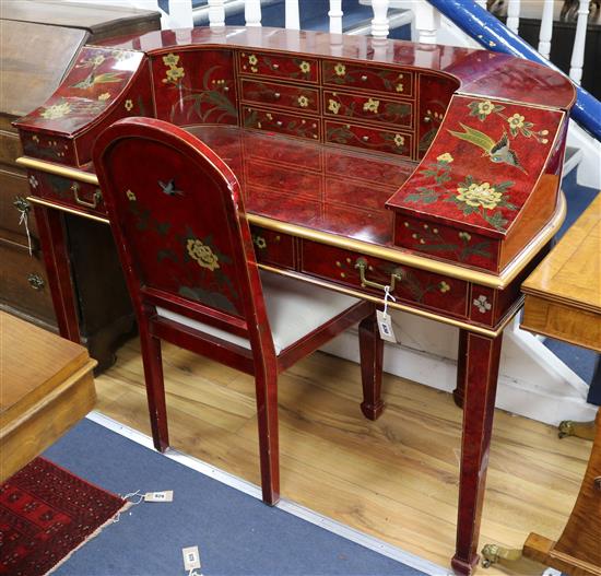 A chinoiserie lacquered Carlton House style desk and matching chair W.130cm